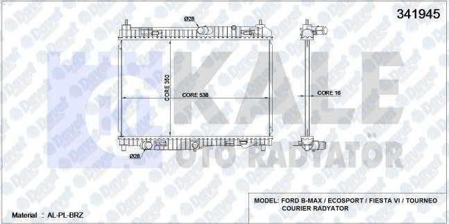 KALE 341945 Su Radyatoru Ford B-Max-Ecosport-Fiesta Vi-Fiesta Vi Van-Tourneo Courier-Transit Courier 1.4 Tdci-1.5 Tdci-1.6 Tdci 09> (Al/Pl/Brz) (Manuel-Otomotik)